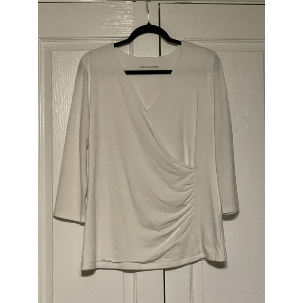 Soft Surroundings Blouse Womens Large White V Neck 3/4 Sleeve Ruched Wrap Top